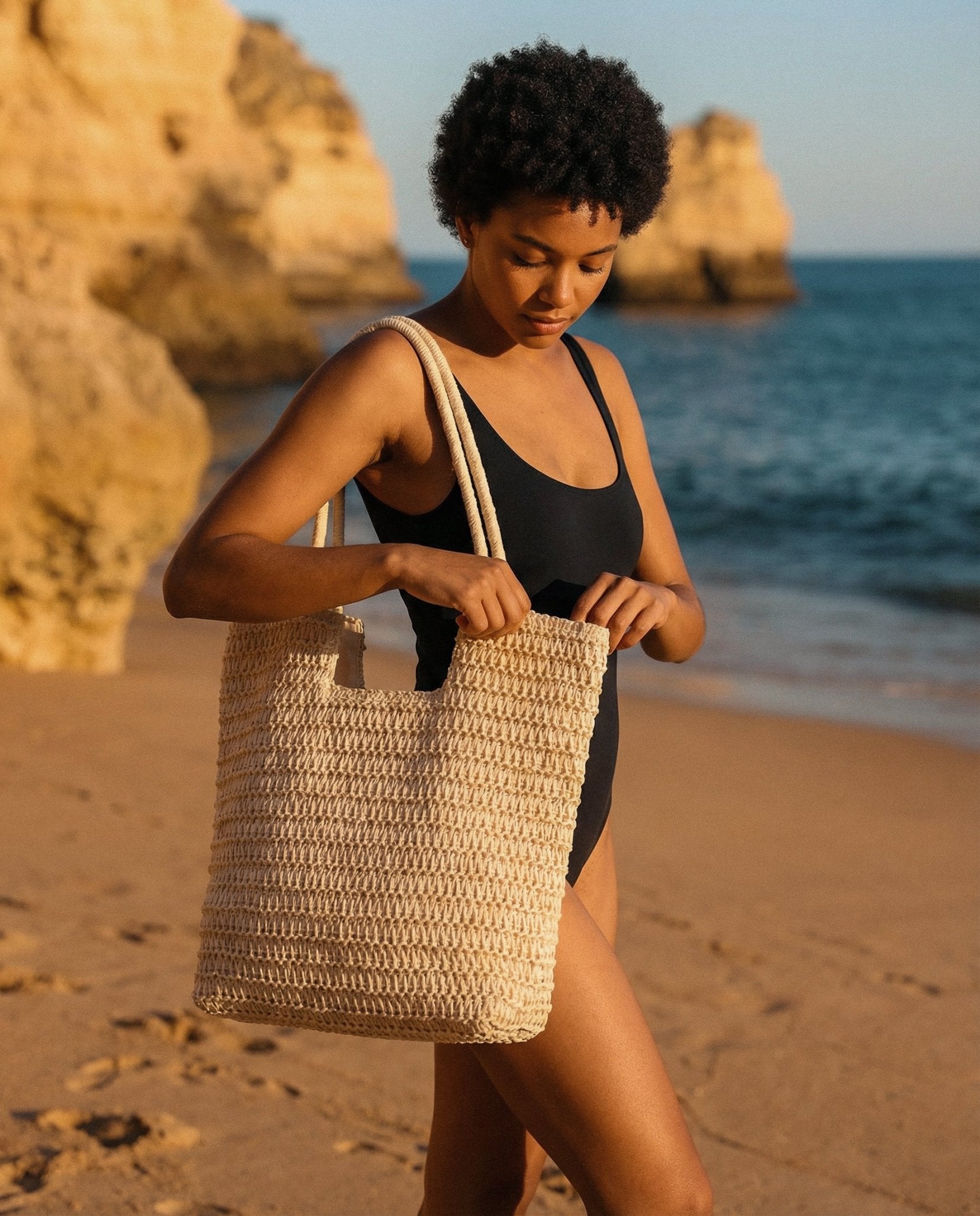 Beige Summer Straw Tote Bag with Handle - Oia Boutique