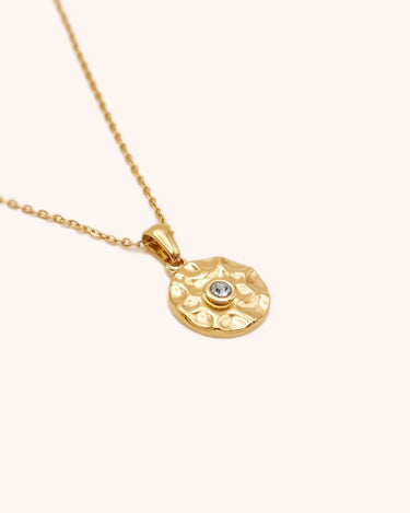 Hammered Round Zircon Pendant Necklace | Stainless Steel - Oia Boutique